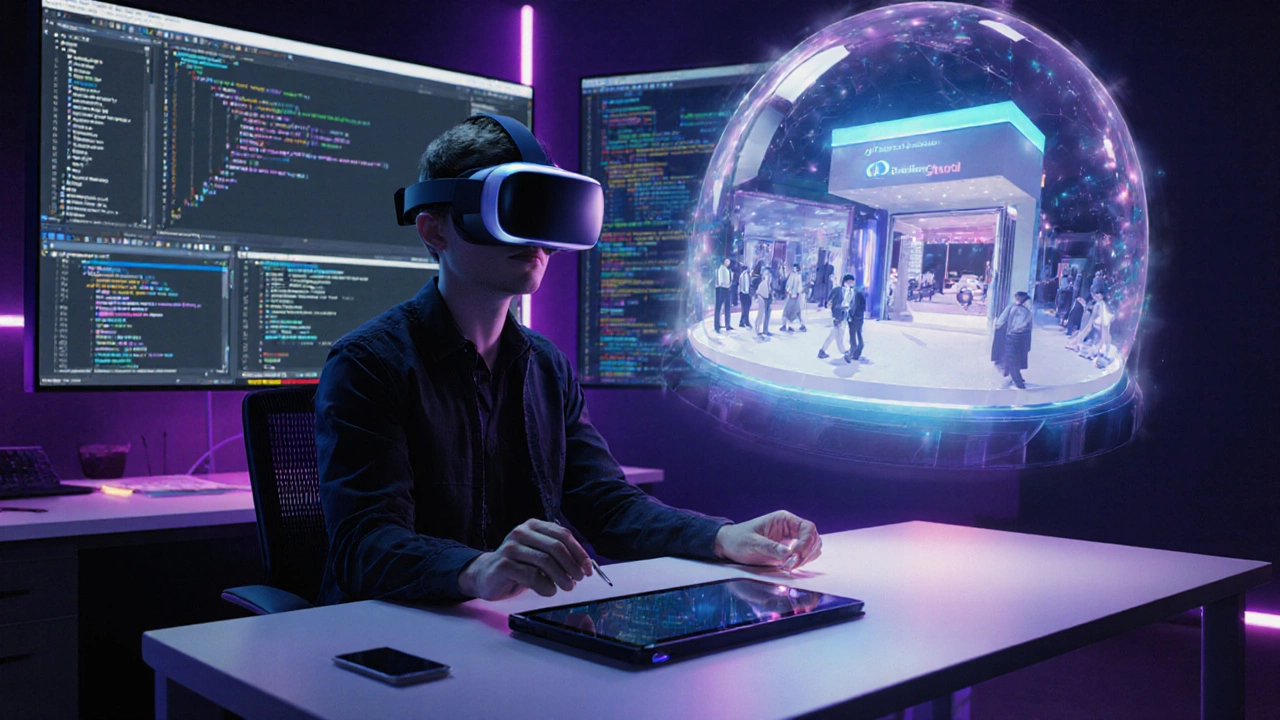 AR/VR‑дизайнер в шлеме работает над 3D‑моделью в футуристическом кабинете.