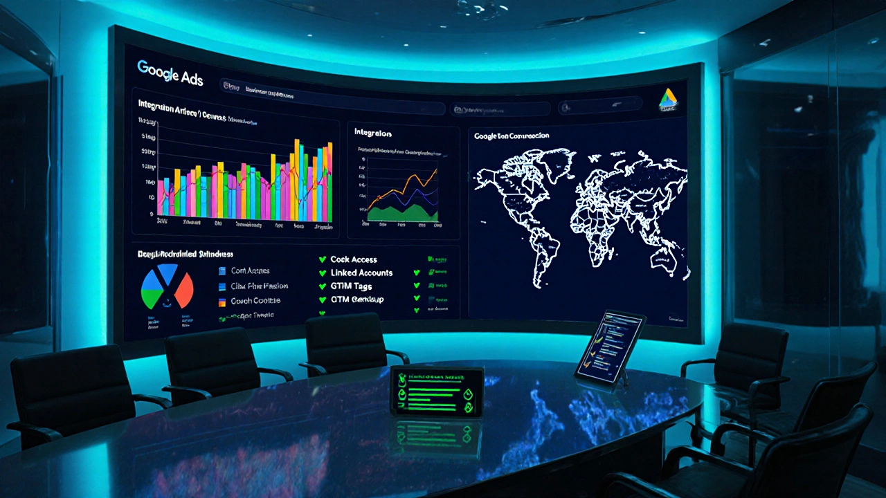 Цифровой дашборд с графиками Ads и Analytics, чек‑лист выполненных шагов.