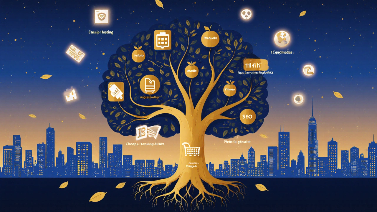 Дерево как символ интернет-магазина: корни — инфраструктура, ветви — товары и услуги, одна ветвь сломана.