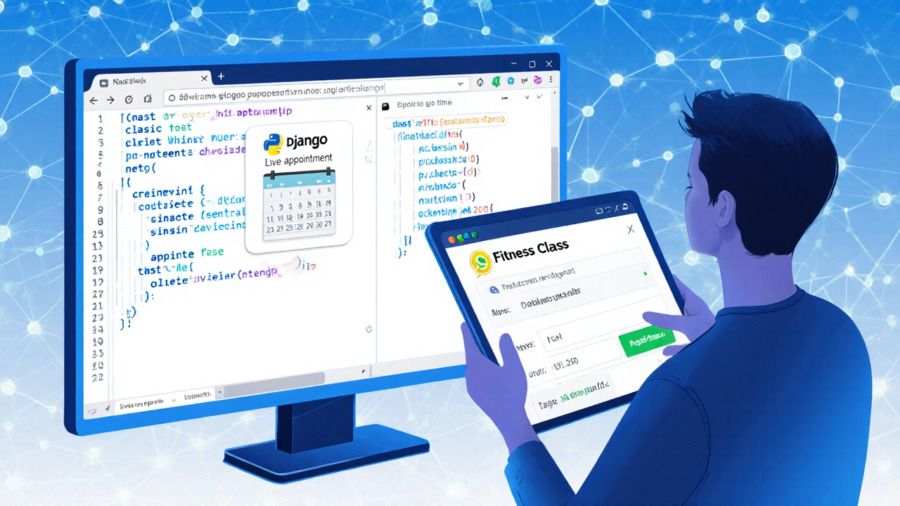 Диаграмма с кодом Django и клиентом, бронирующим тренировку через планшет.