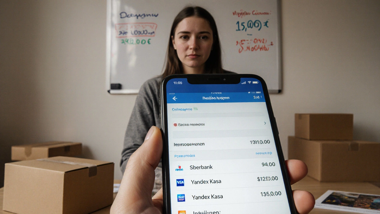 Экран смартфона с оплатой через СБП и другие сервисы, отражение тревожного лица покупательницы в темной комнате.