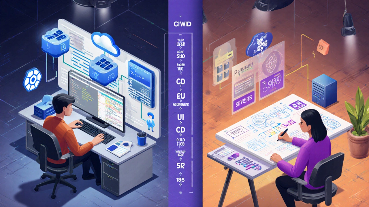 Isometric split view comparing a developer&#039;s tech stack and a designer&#039;s UI/UX tools with salary hints.