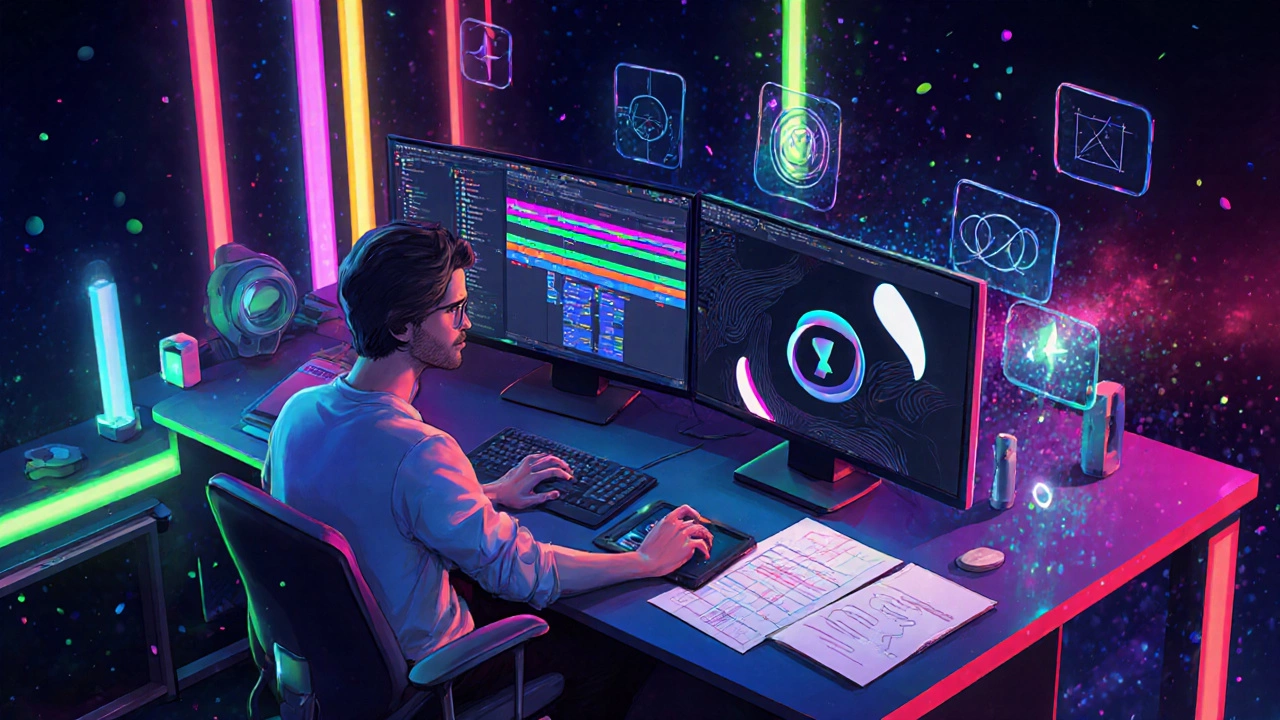 Motion‑дизайнер создает анимацию в After Effects, окружён яркими световыми эффектами.