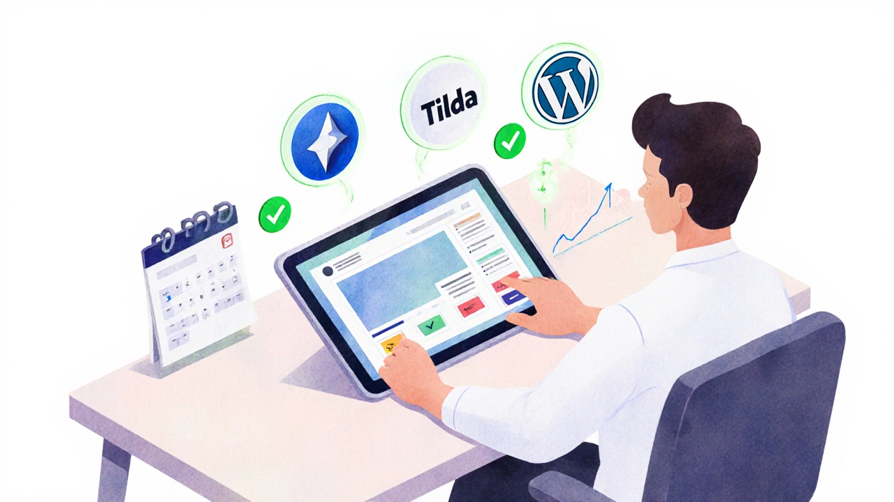 Основатель стартапа собирает лендинг на планшете, используя шаблоны Webflow/Tilda, с зелёными галочками экономии.