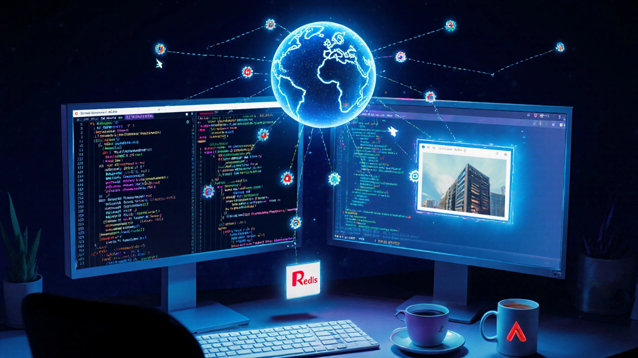 Рабочее место разработчика: код, сервер, CDN‑глобус, сжатие и lazy‑loading.