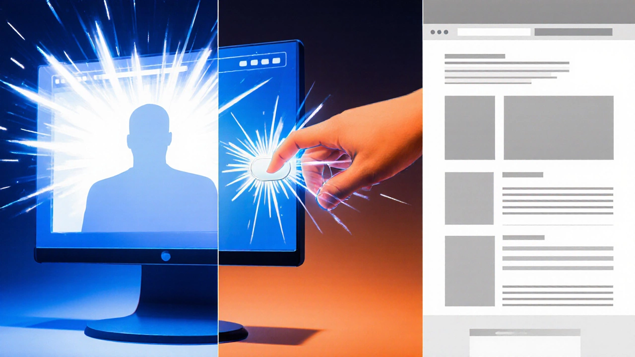 Три сцены: появление большого изображения, задержка после клика, и сдвигающиеся элементы.