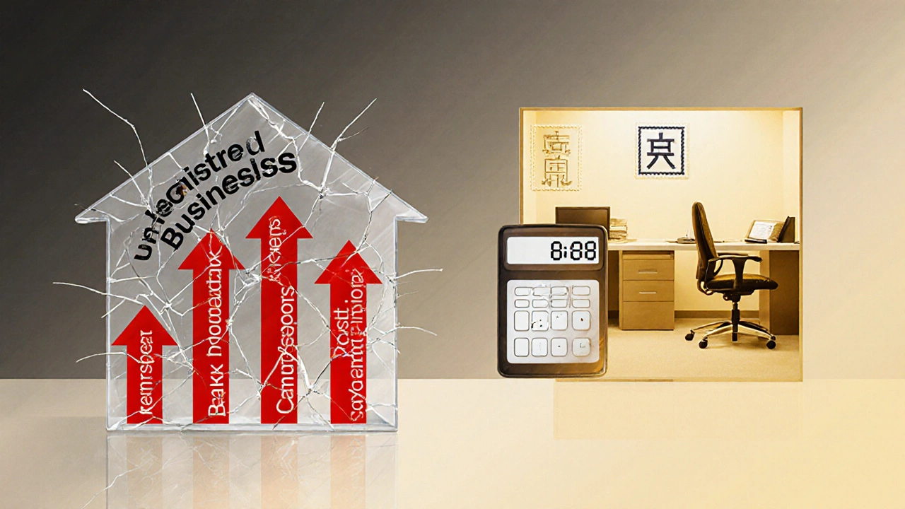 Хрупкий дом из стекла с надписью &#039;Без ИП&#039; разрушается под давлением штрафов и потерь, в фоне — легальный офис.