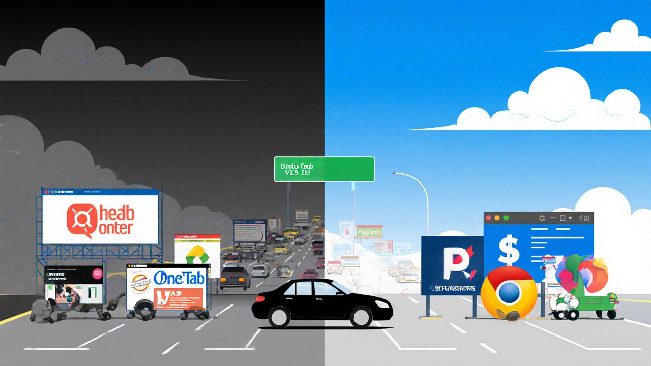 Концептуальная иллюстрация браузера как перегруженной дороги с вкладками-автомобилями и расширениями-рекламными щитами.