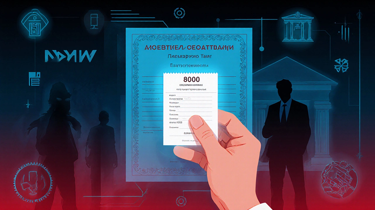 Рука держит квитанцию об оплате 800 рублей, за ней появляется документ ИП, тени налоговых служб исчезают в темноте.