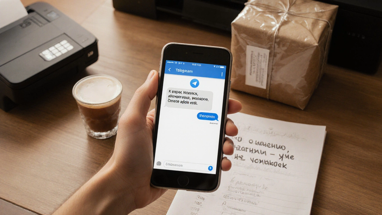 Телефон показывает отзыв клиента о хлебе, рядом — чек и упаковка, на фоне — офис с кассой и заметками.