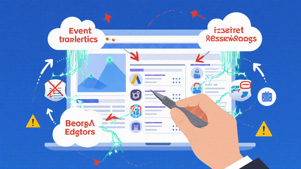 Веб-сайт с потоками данных, где ошибки и боты помечены красными стрелками, а специалист настраивает события.