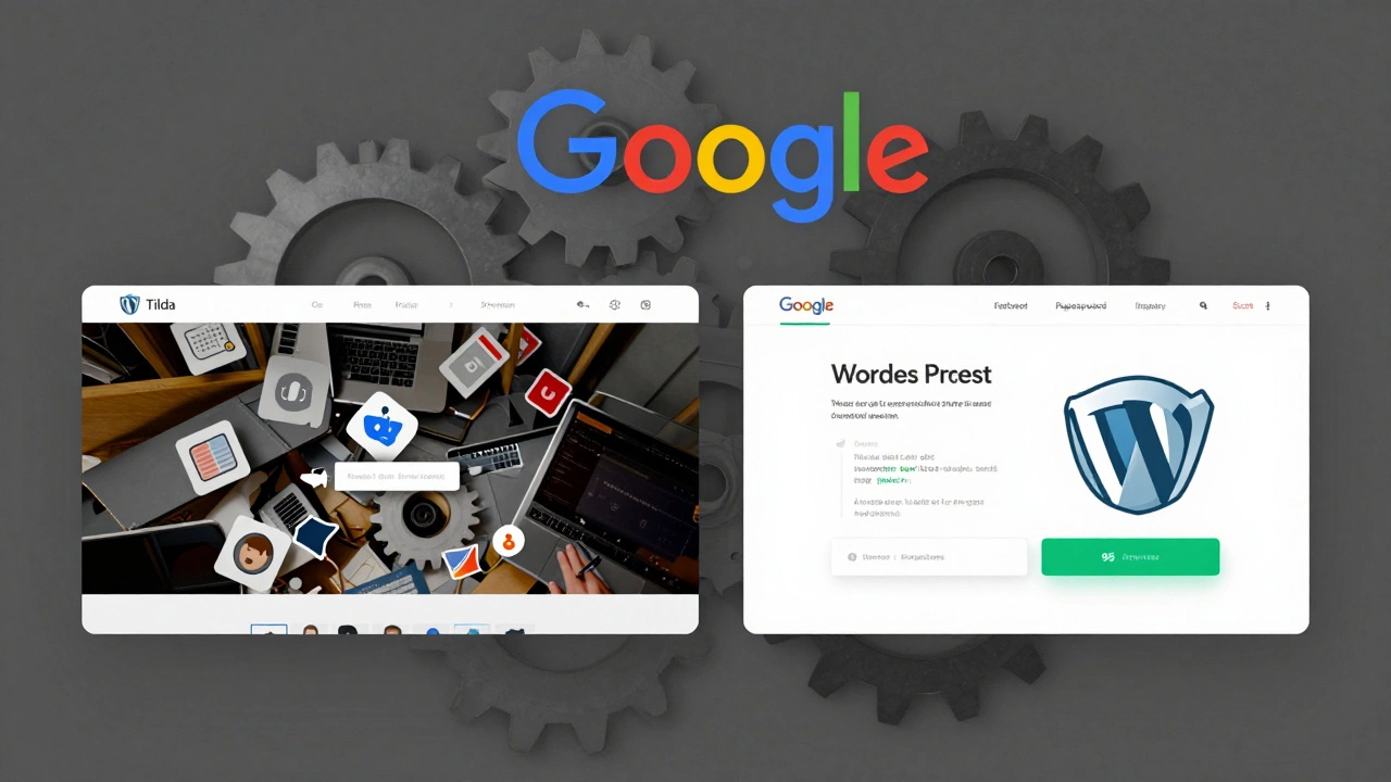Comparison of a slow Tilda website versus a fast, optimized WordPress site with high PageSpeed score.