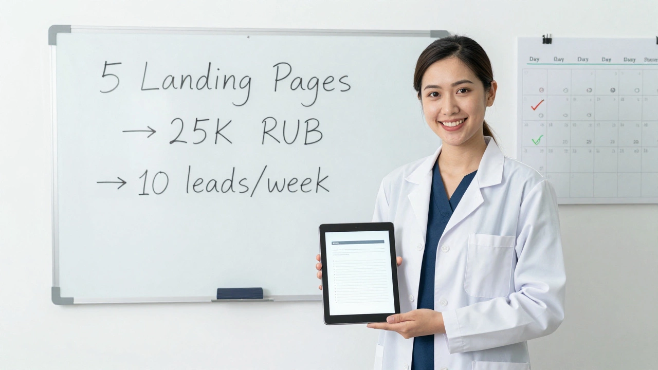 Дизайнер показывает клиенту рост заявок на лендинге, за которым — прогресс от новичка к эксперту.