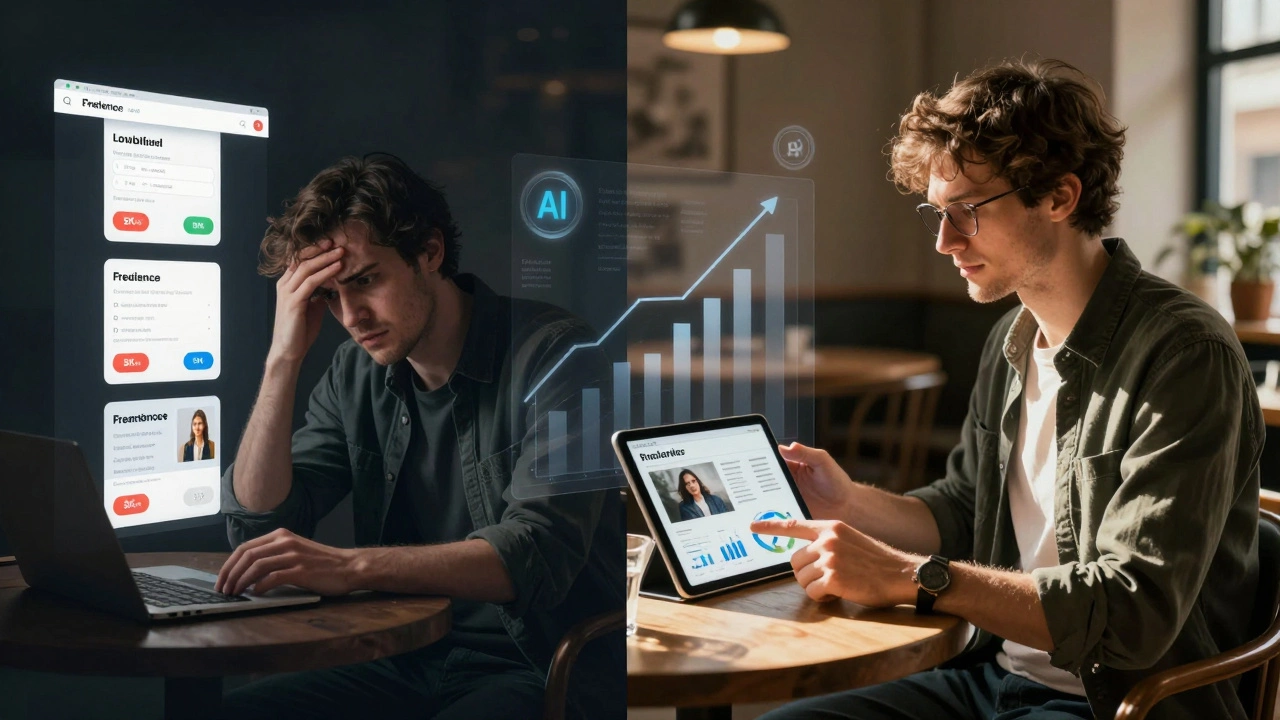 Фрилансер слева в стрессе на бирже, справа — уверенно представляет клиенту портфолио с аналитикой.