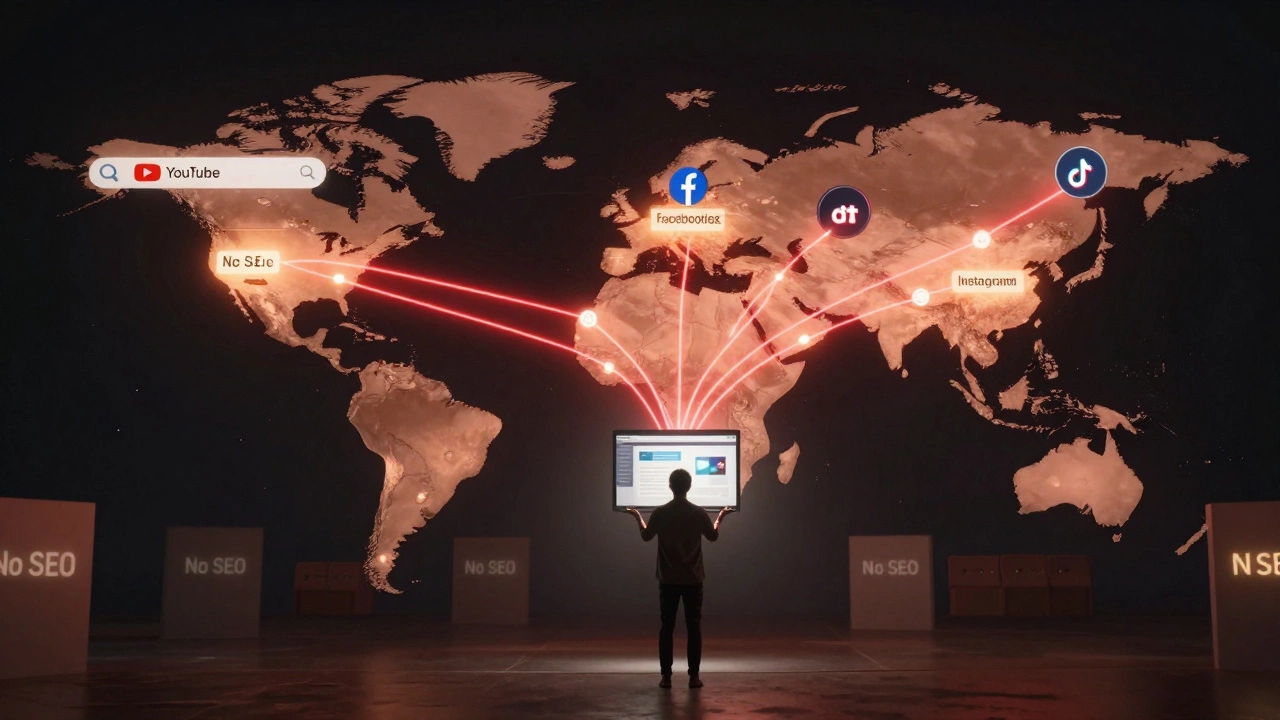 Global digital network linking Google, YouTube, TikTok, and Instagram to a single website portal.