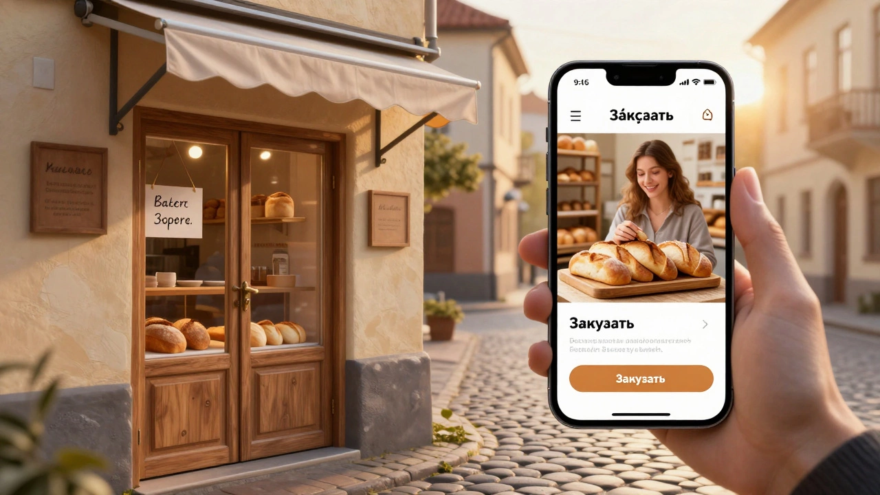Пекарня меняет табличку на сайт на телефоне, клиент улыбается, солнечный вечер.