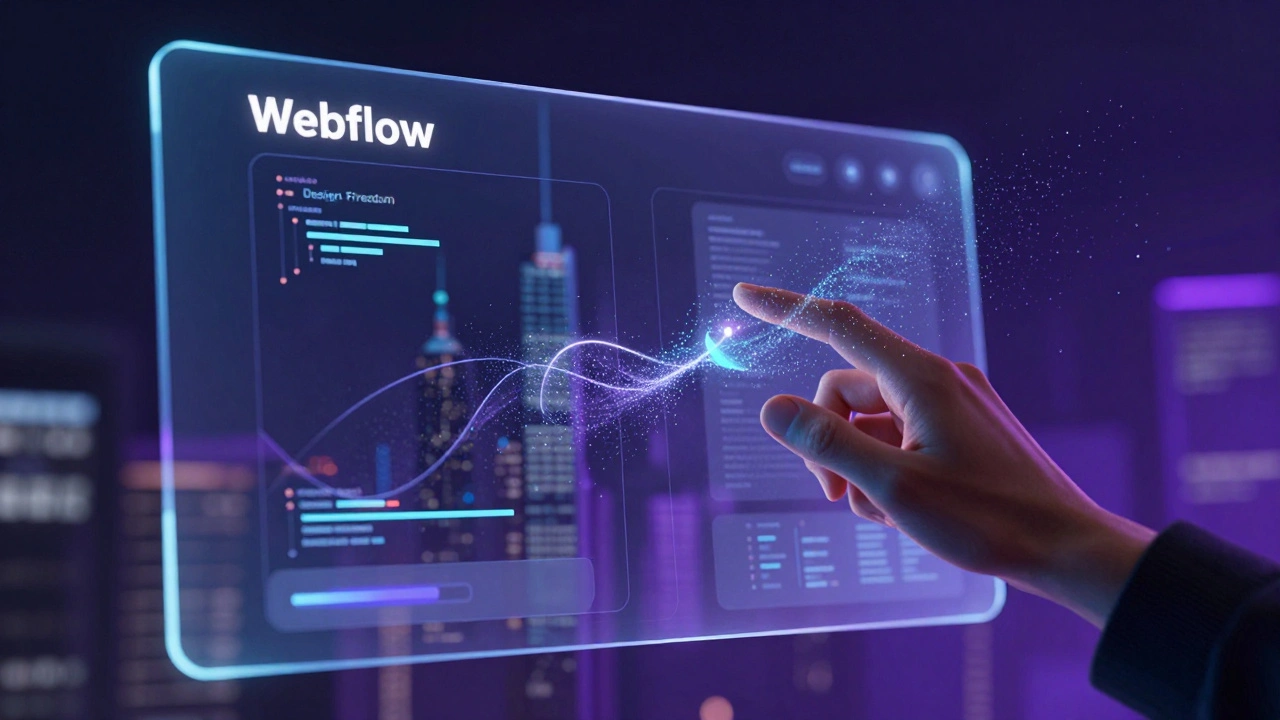Прозрачный интерфейс Webflow с анимациями и частицами кода, управляемый рукой дизайнера.