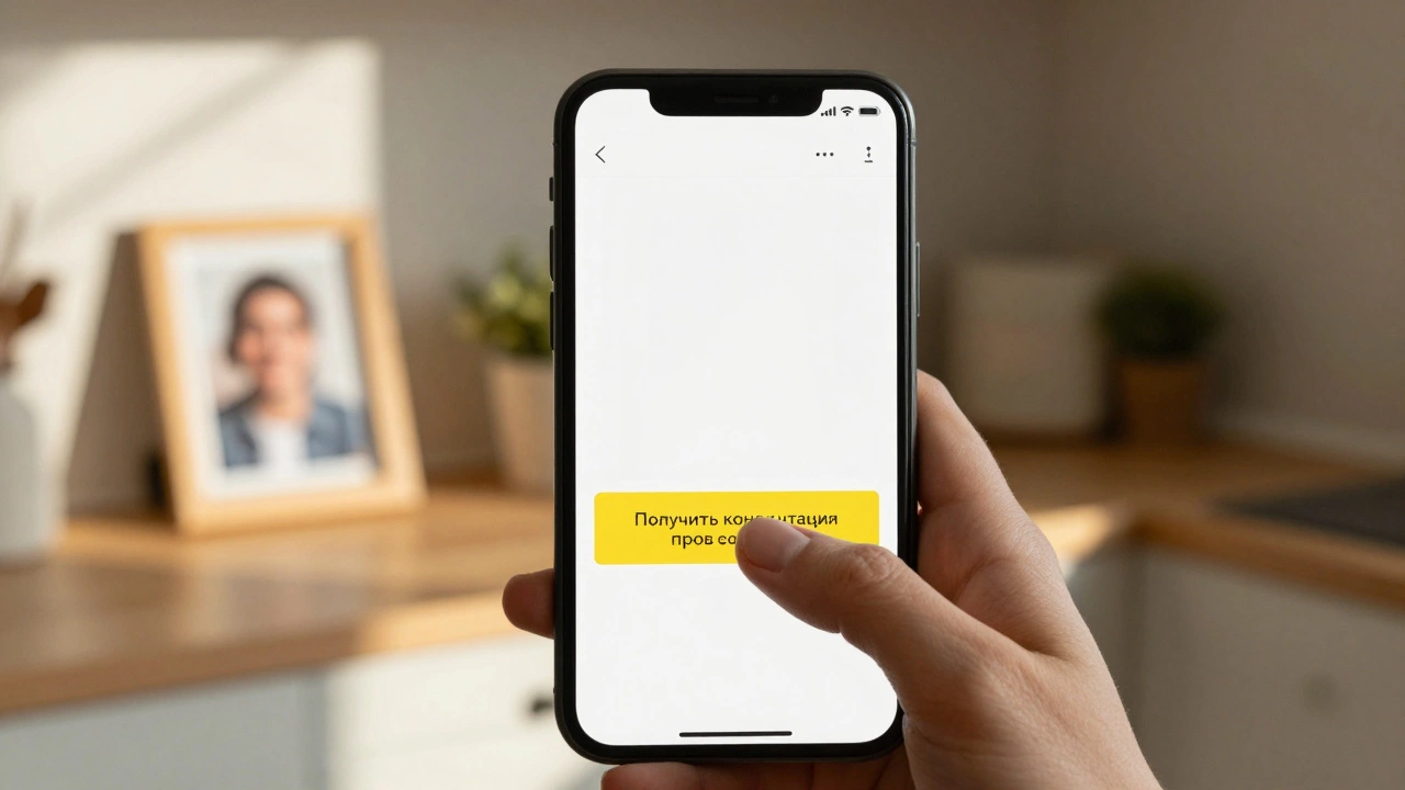 Рука нажимает на яркую кнопку 'Получить консультацию прямо сейчас' на телефоне.
