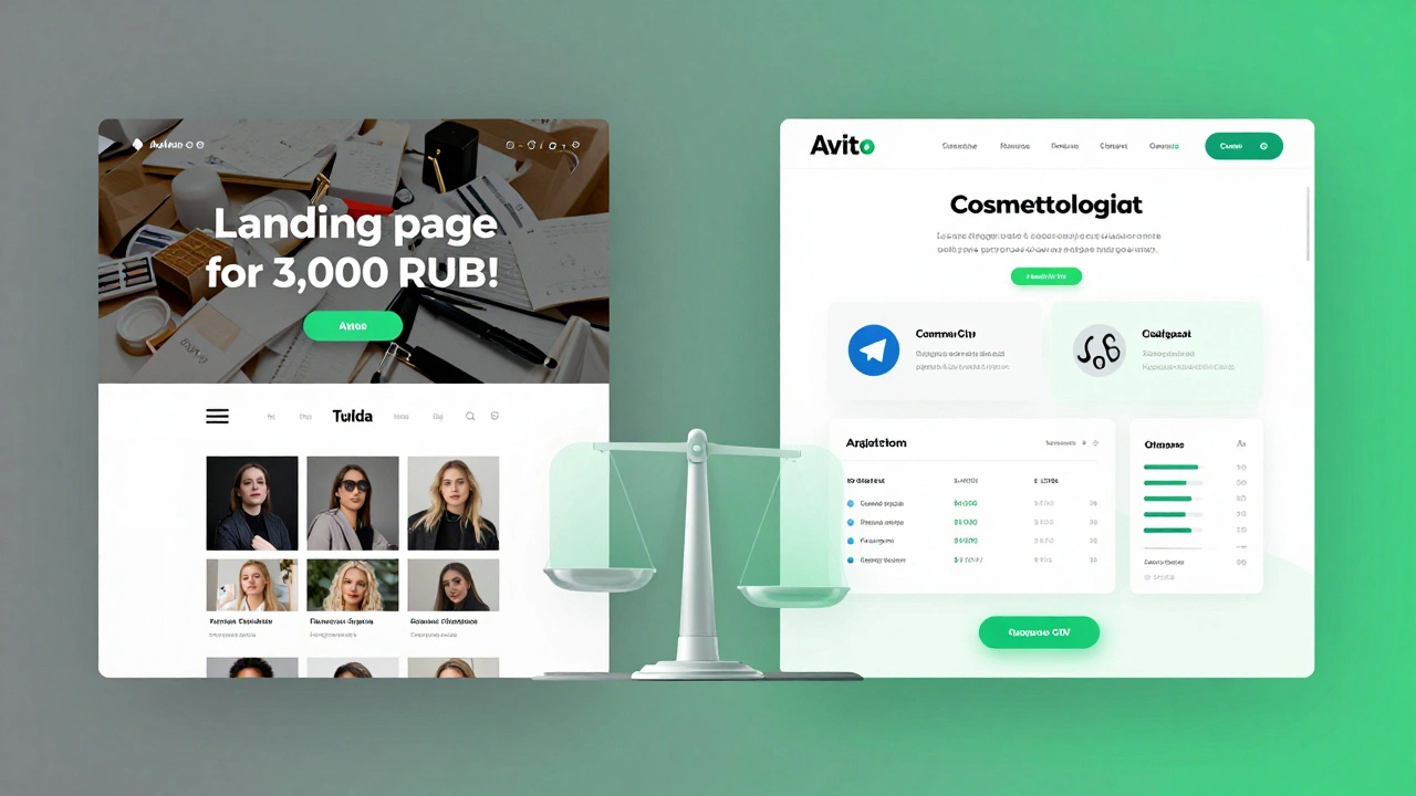 Сравнение дешевого шаблона слева и профессионального лендинга справа с индикатором ценности.