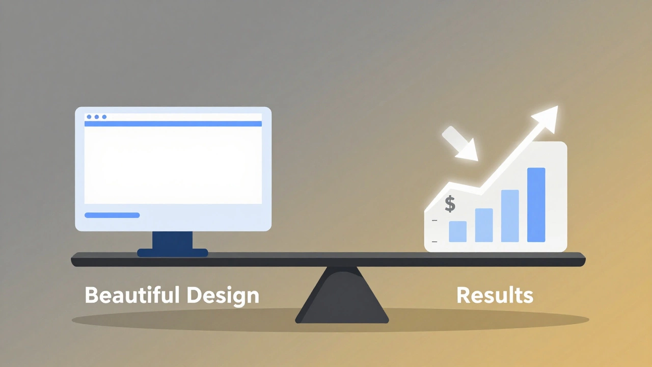 Весы, сравнивающие красивый дизайн и дизайн с ростом конверсии — весы наклонены в сторону результатов.