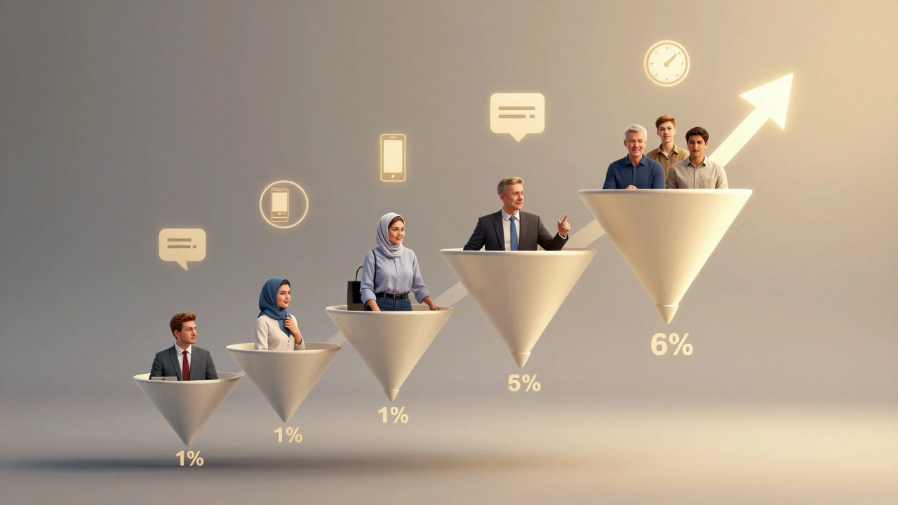 Воронка конверсии от 1% до 6% с людьми, движущимися к успеху, в золотистых тонах.