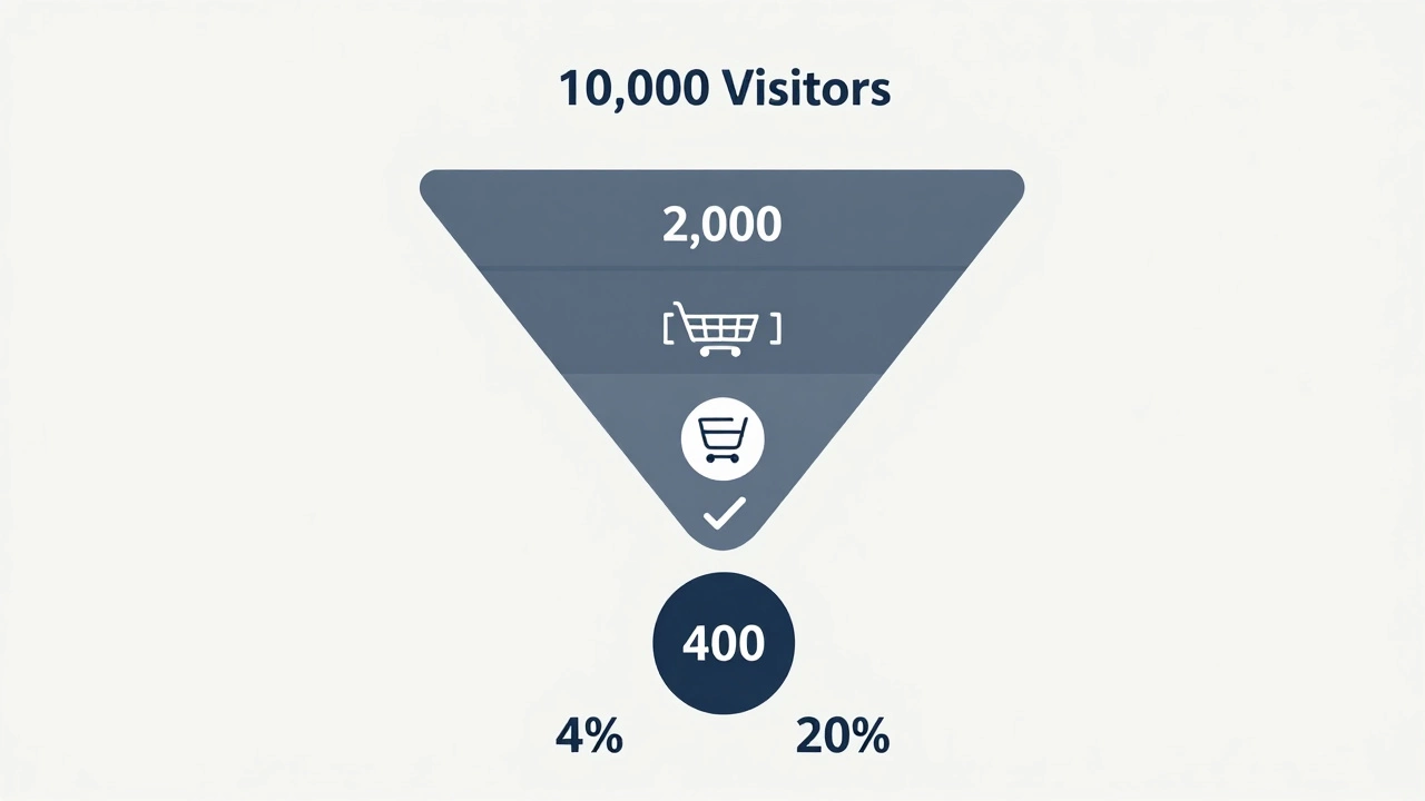Воронка переходов: посетители → корзина → покупка, с процентами конверсии.