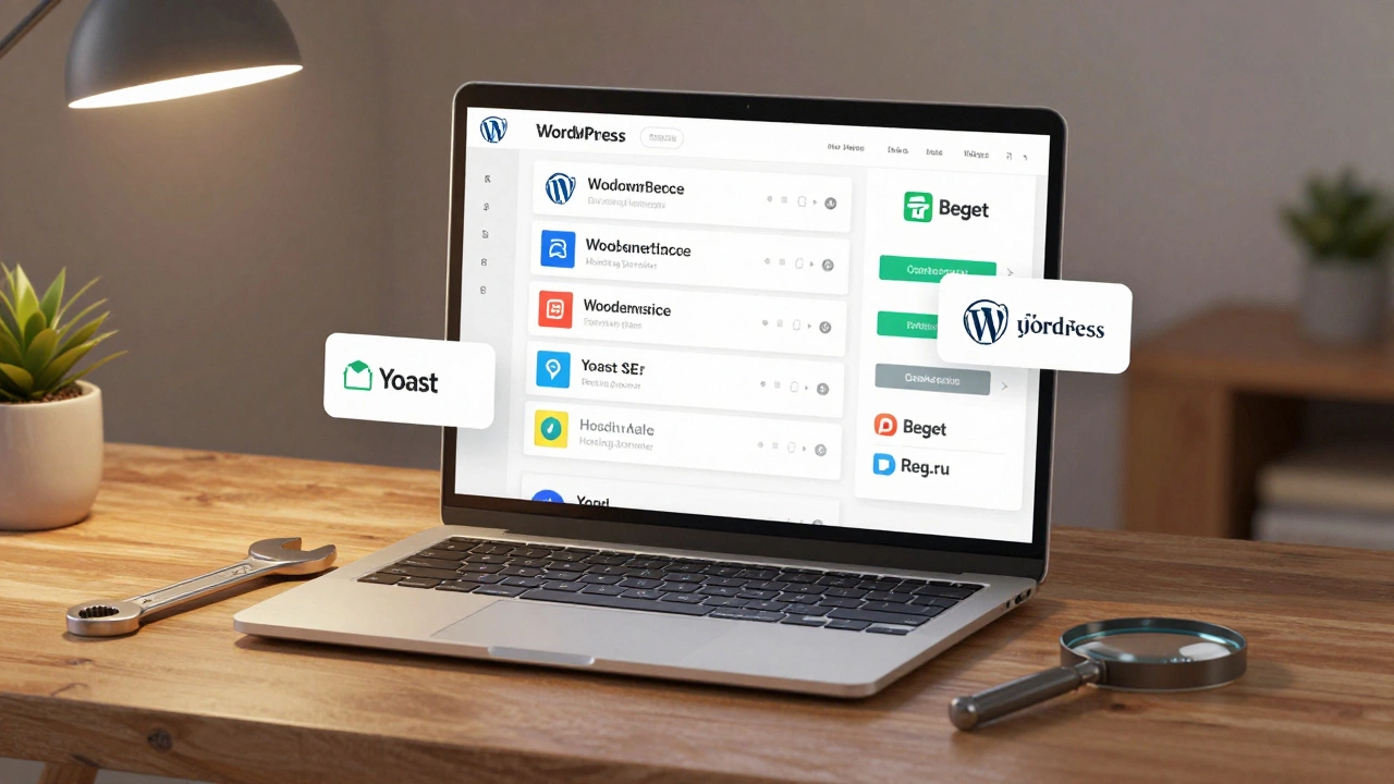 WordPress-панель с плагинами WooCommerce и Yoast SEO на фоне логотипов хостинга.