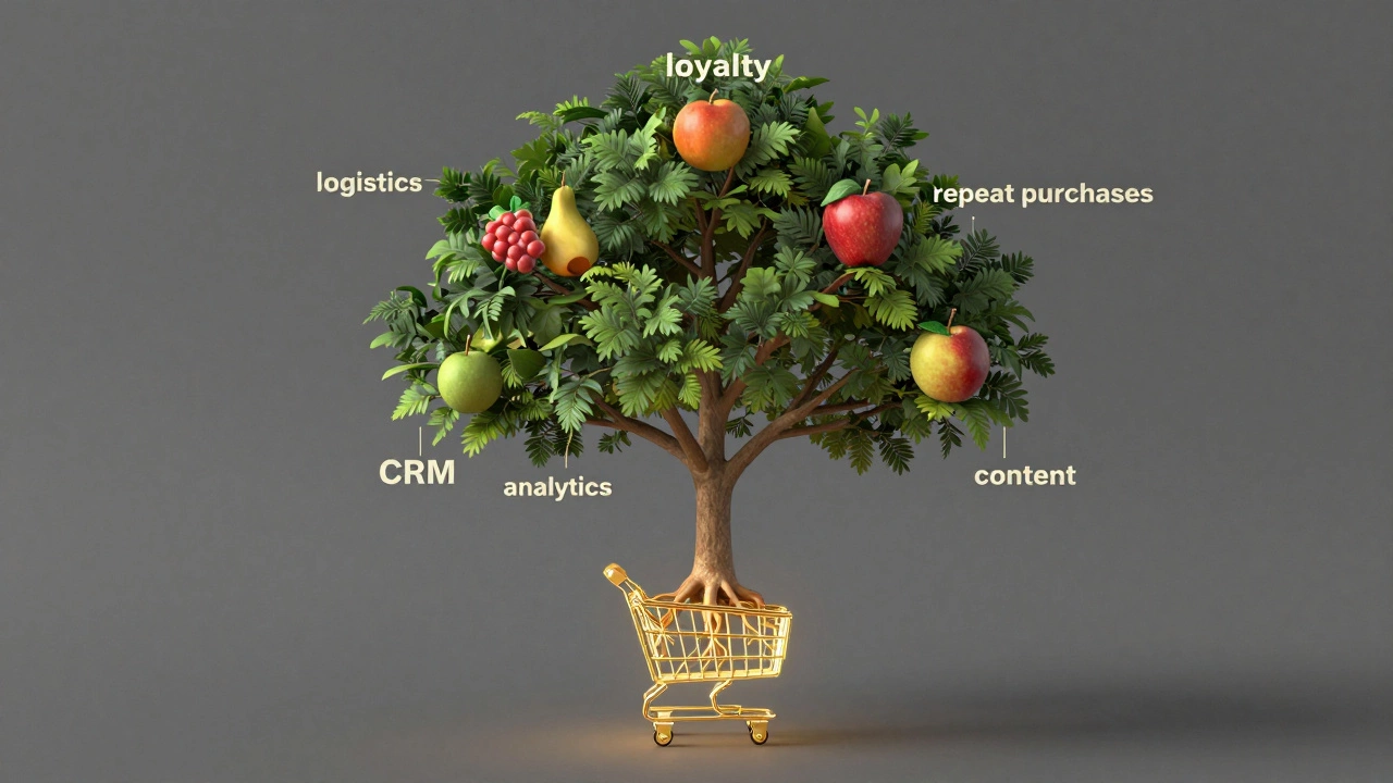 Цифровое дерево с корнями в логистике и аналитике, на ветвях — лояльность и сообщество, у основания — корзина покупок.
