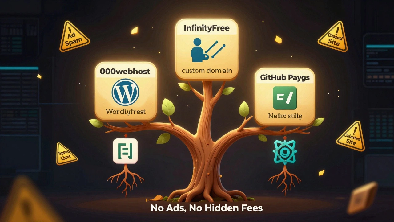 Дерево с четырьмя ветвями, каждая из которых представляет бесплатный хостинг: 000webhost, InfinityFree, GitHub Pages, Netlify.