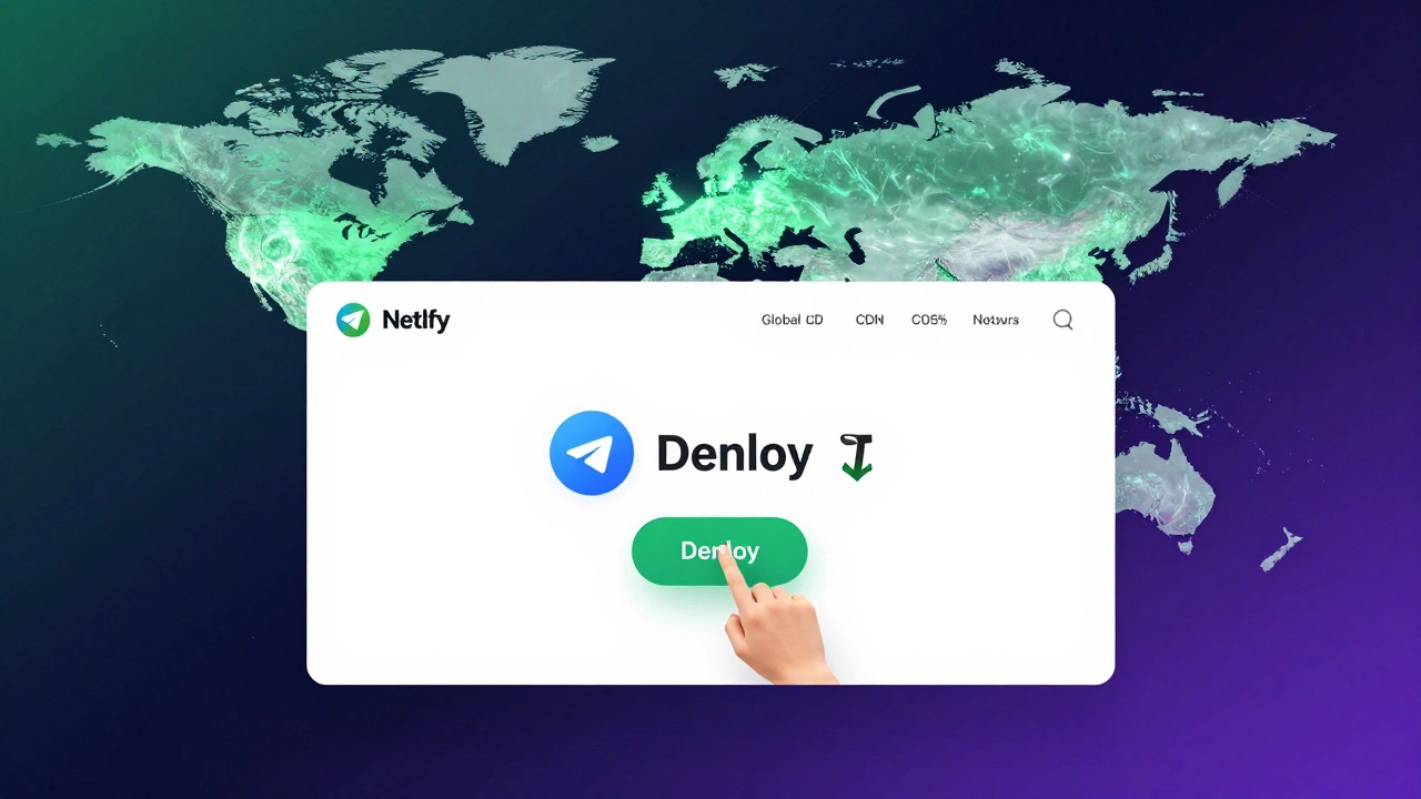 Панель Netlify с картой глобальной CDN и логотипами Tilda и Telegram, символизирующие бесплатные альтернативы хостингу.
