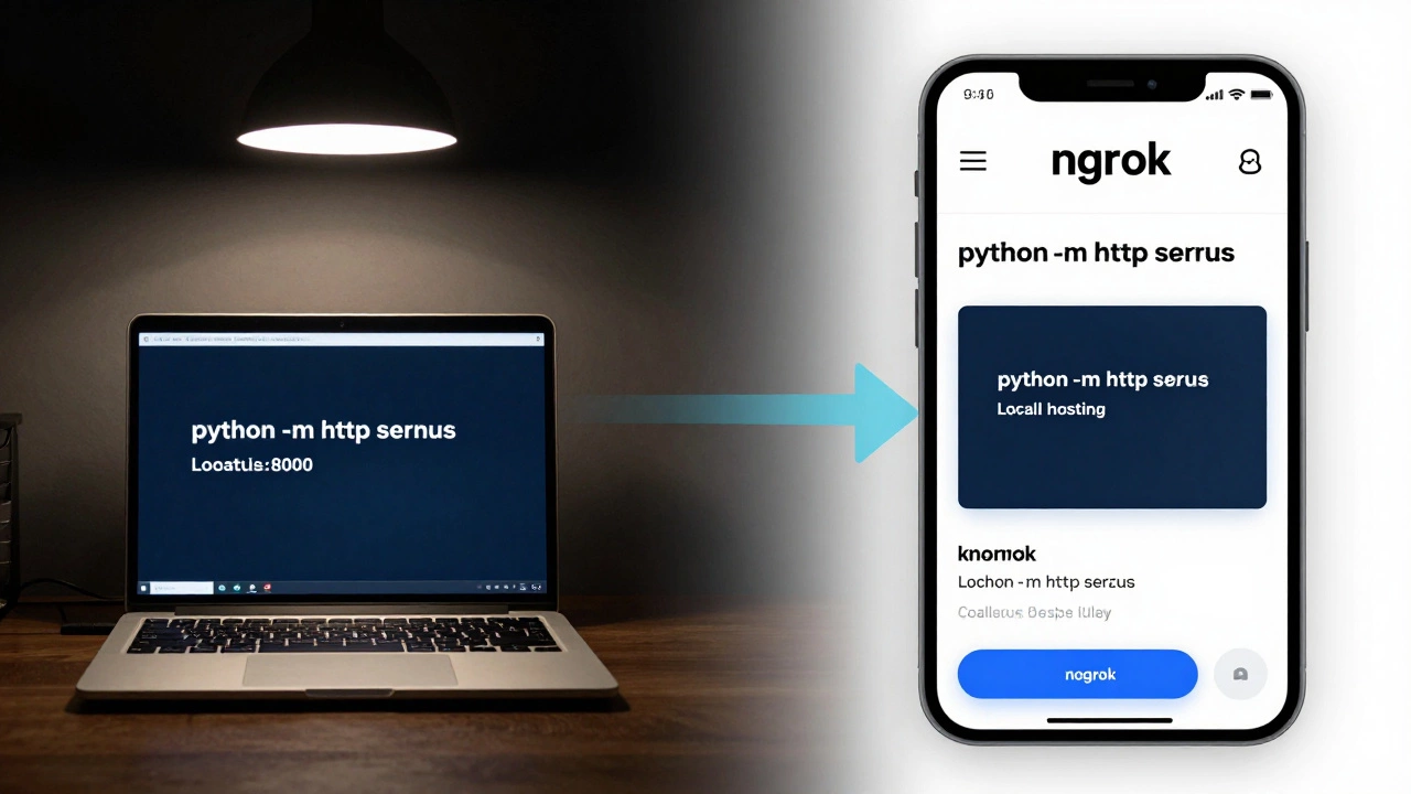 Разделённый экран: слева — локальный сервер на ноутбуке, справа — тот же сайт на телефоне через ngrok, переход от частного к публичному доступу.