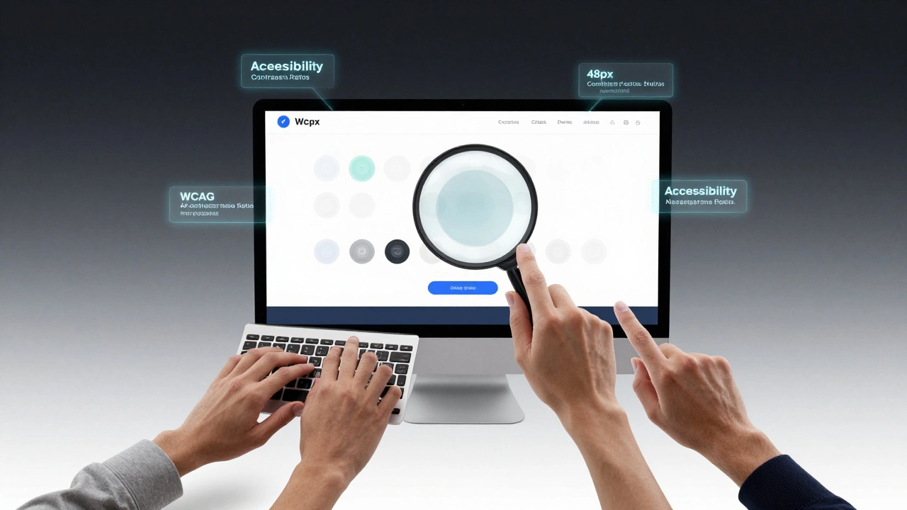 Разнообразные руки взаимодействуют с веб-интерфейсом, подчеркивая доступность.