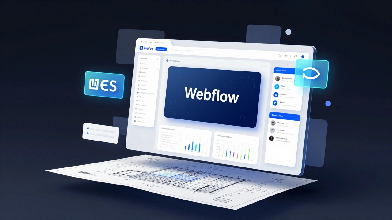 Сложный интерфейс Webflow с анимированными элементами над архитектурным чертежом.