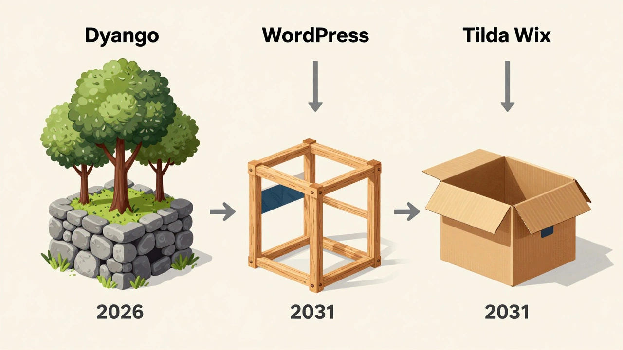 Сравнение платформ для сайта: Django как прочный фундамент, WordPress как деревянная рама, конструкторы как картонная коробка.