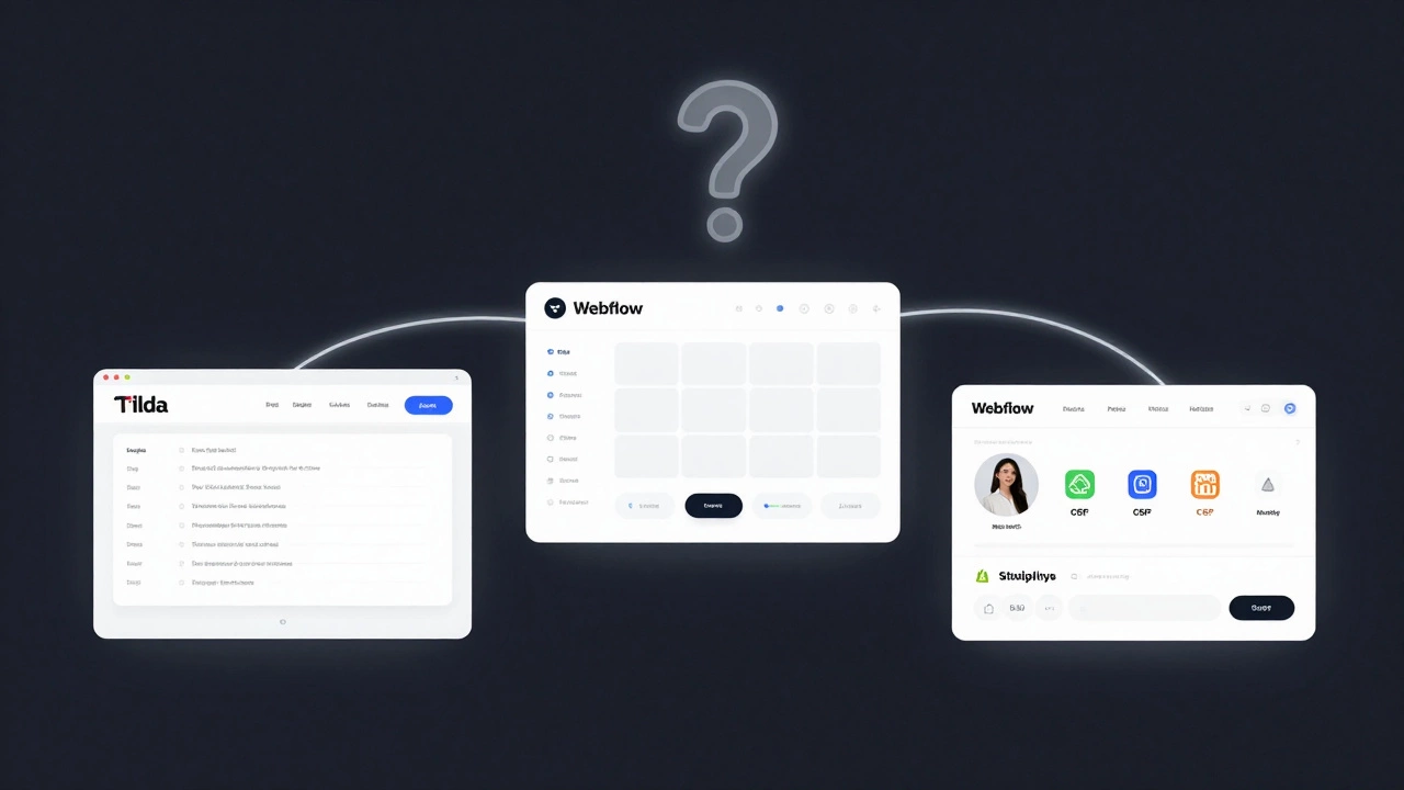 Три веб-платформы — Tilda, Webflow и Shopify — представлены как плавающие интерфейсы, соединённые световой дорожкой.