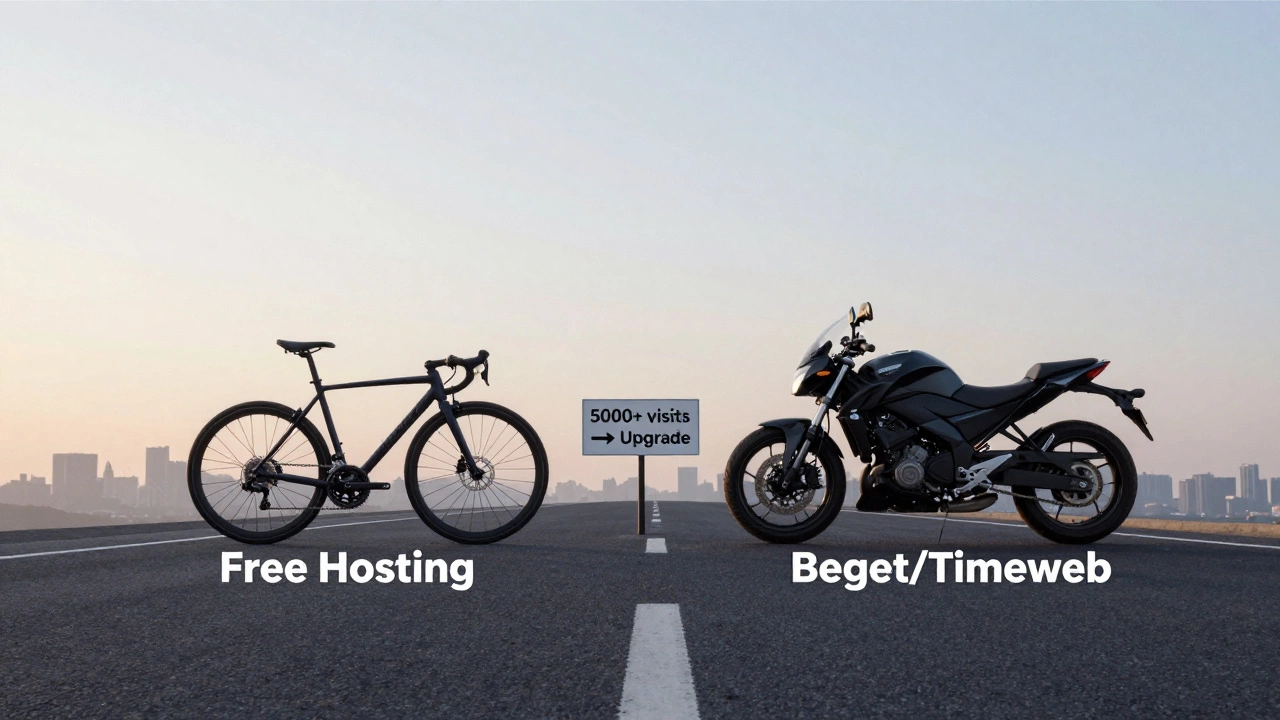 Велосипед превращается в мотоцикл на дороге к городу — символ перехода от бесплатного хостинга к платному.