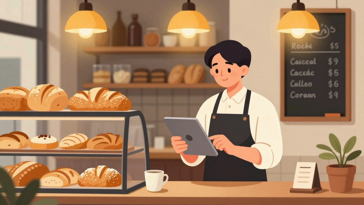 Владелец пекарни управляет сайтом на Wix с помощью планшета среди свежей выпечки.