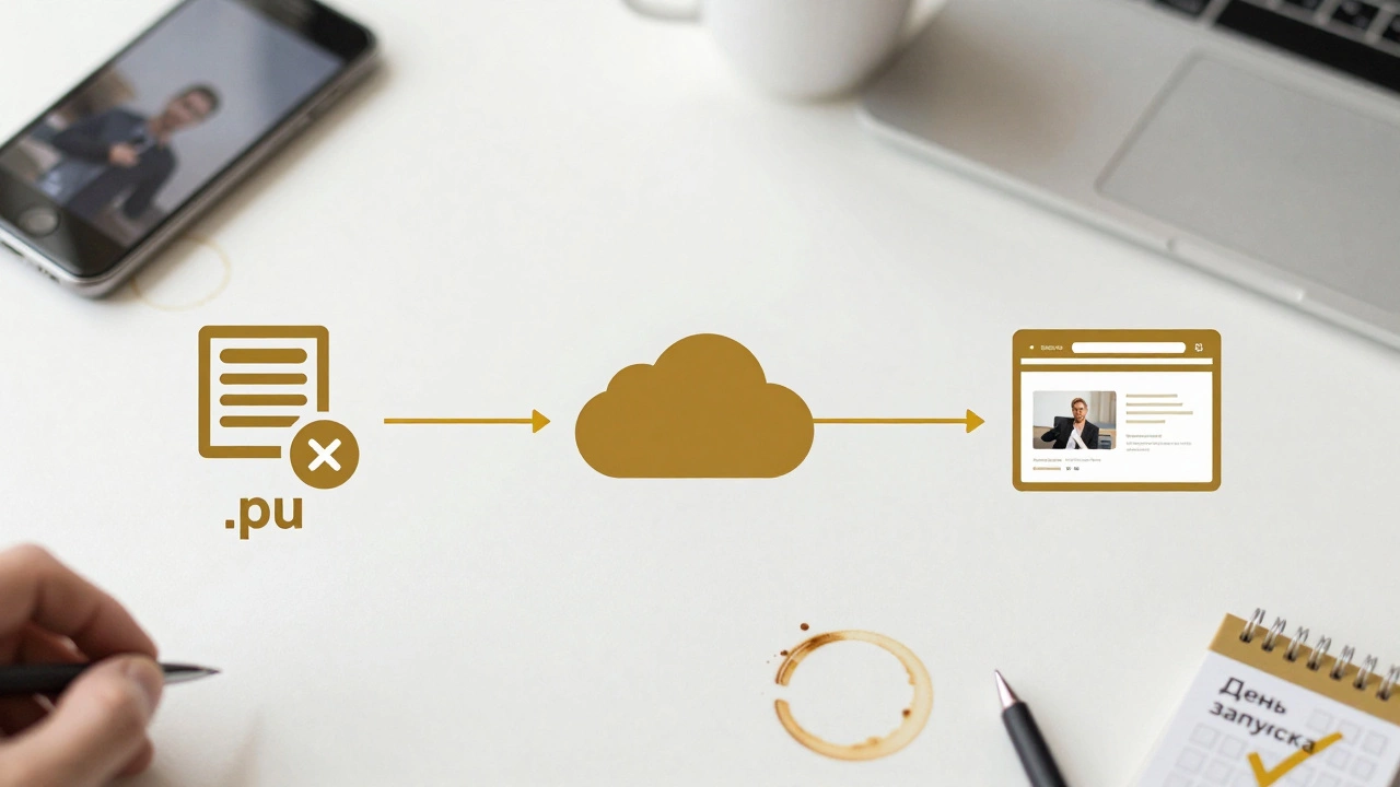 Временная шкала запуска сайта: домен, хостинг и веб-страница, соединённые золотой нитью.