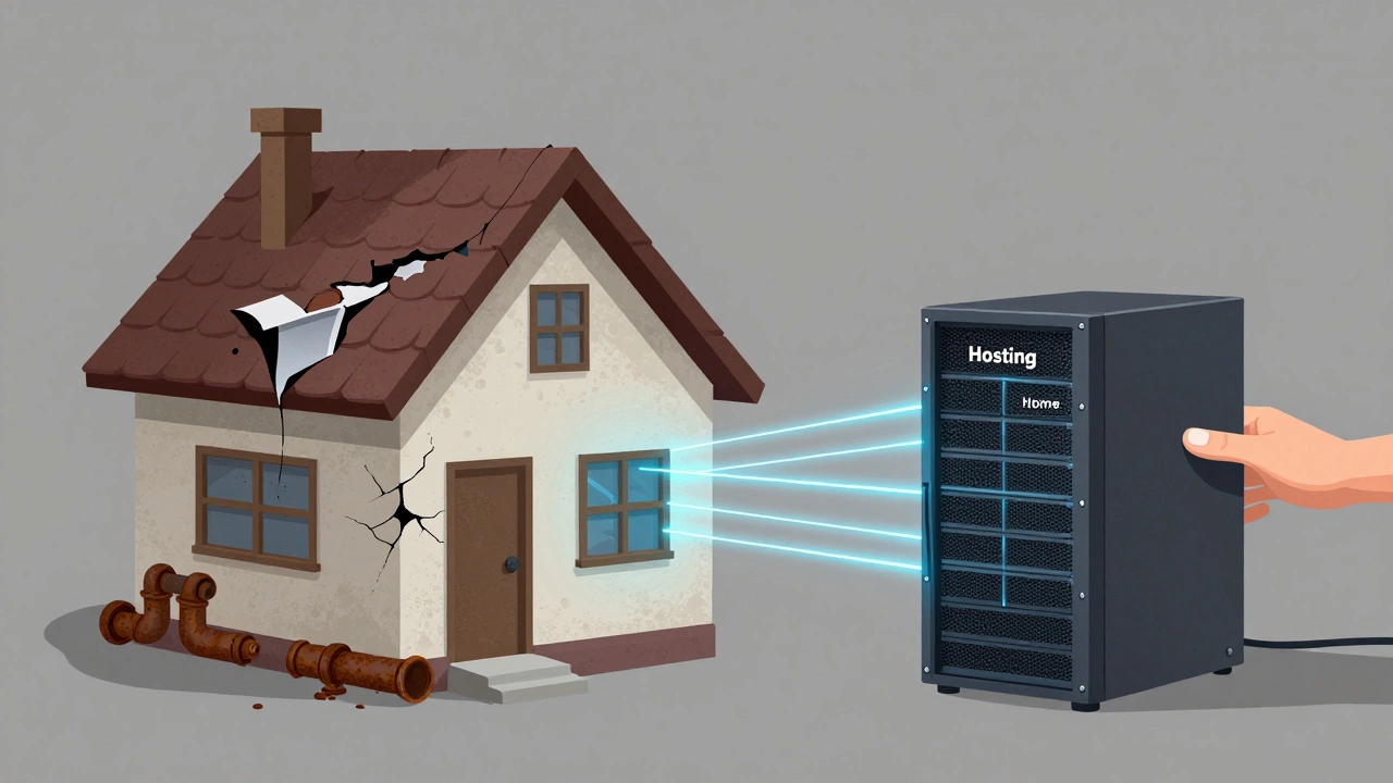 Дом с протекающей крышей рядом с сервером, оба соединены потоком платежей — метафора постоянного обслуживания.