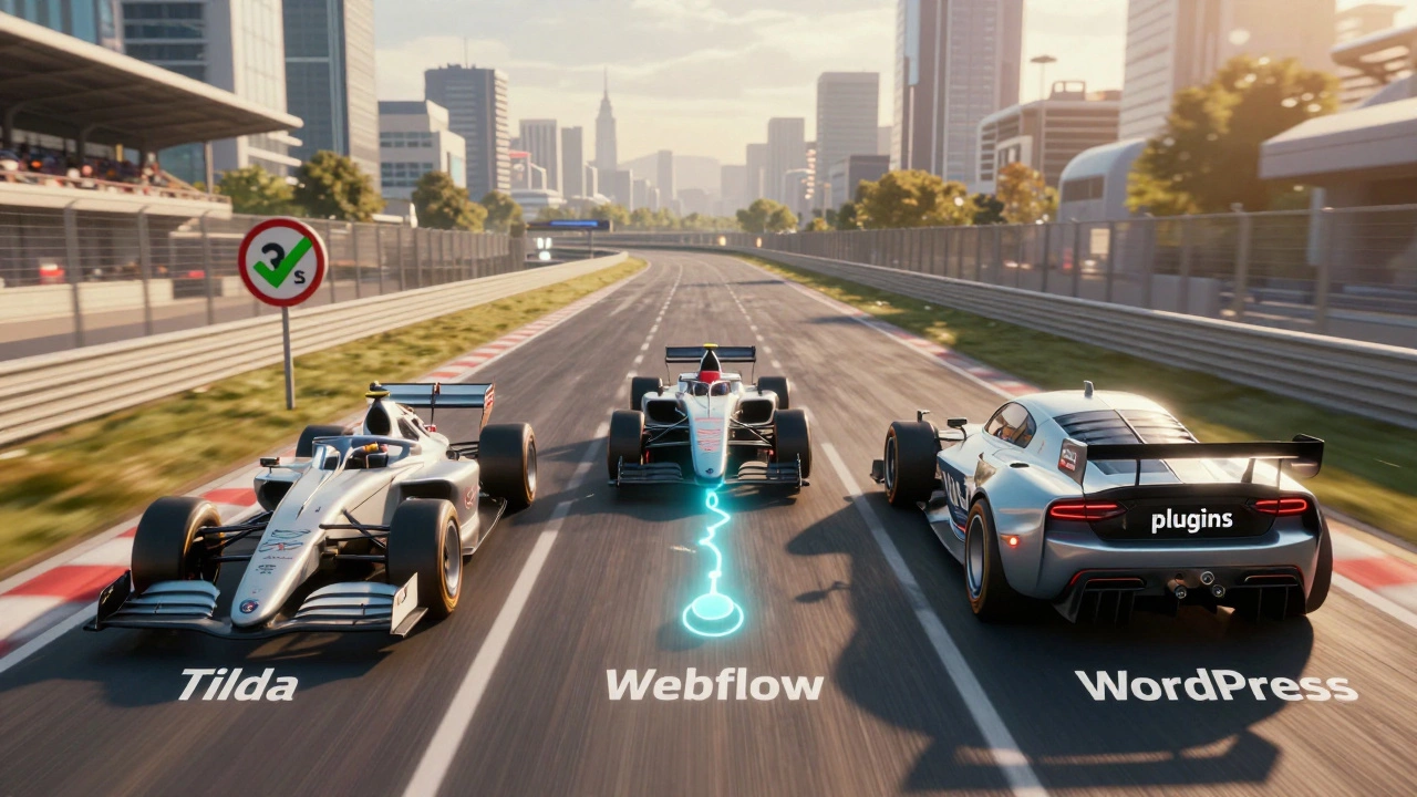 Гоночная трасса с тремя автомобилями, символизирующими Tilda, Webflow и WordPress, соревнующимися за скорость и масштабируемость лендингов.