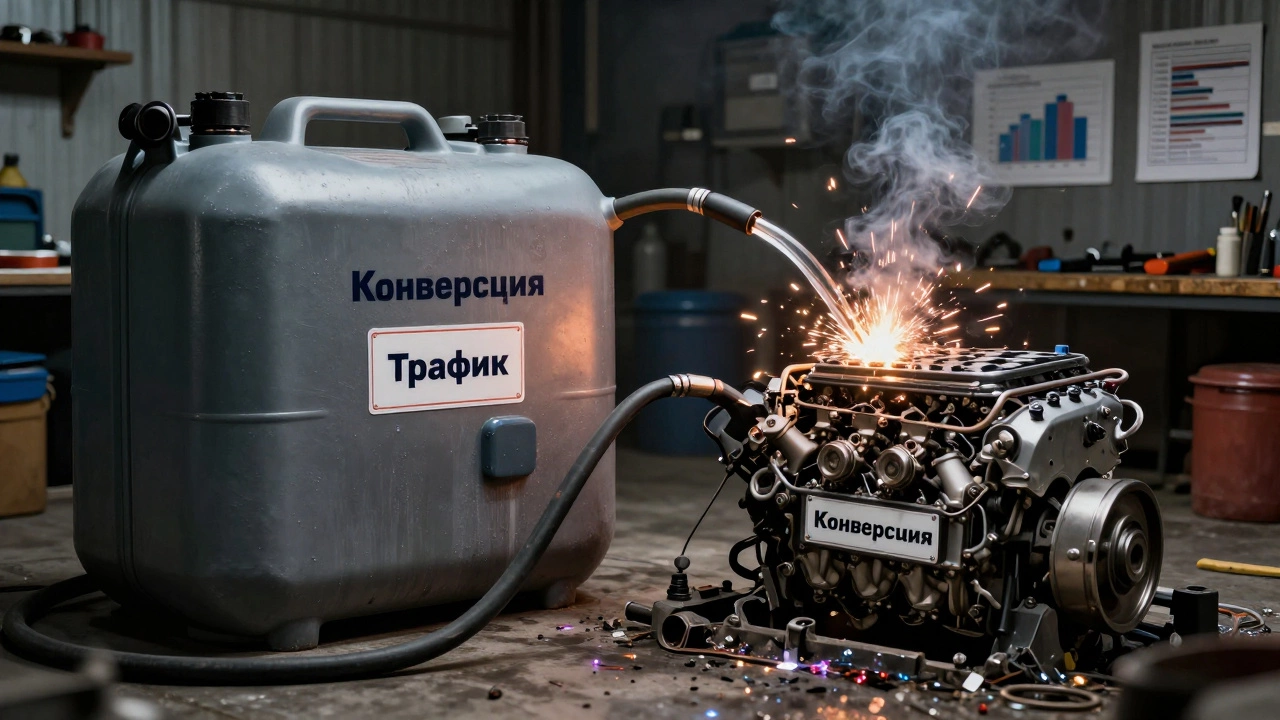 Машина с работающим двигателем и малым количеством топлива, рядом — сломанный двигатель с огромным баком.