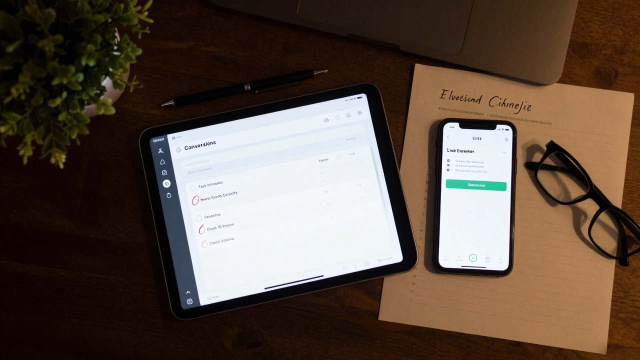 Рабочее пространство аналитика с дашбордом GA4, телефоном и чек-листом для проверки настроек аналитики.