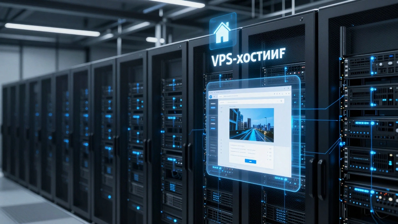 Ряды серверов в дата-центре с выделенным VPS-узлом, показывающим веб-интерфейс.