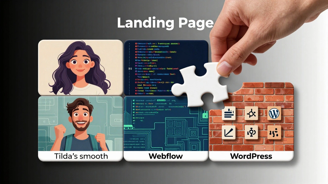 Различные части пазла, представляющие Tilda, Webflow и WordPress, собраны в единую мозаику, символизирующую создание эффективного лендинга.