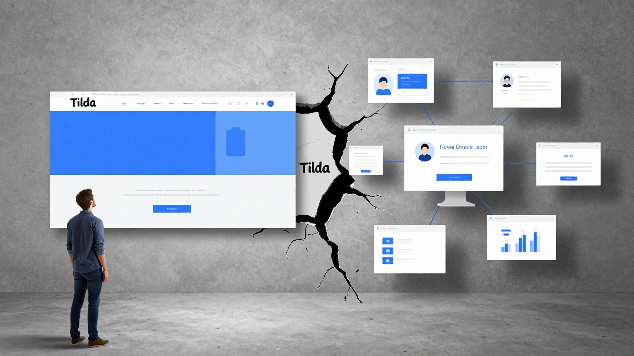 Сравнение статичного сайта на Тильде и масштабируемой бизнес-платформы с разорванной стеной между ними.