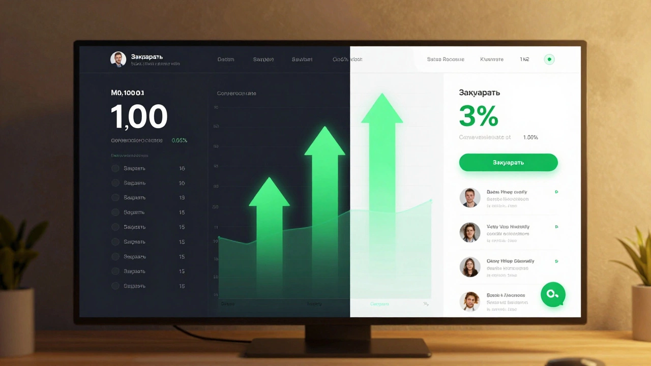 Сравнение веб-сайтов: один с низкой конверсией, другой — с ясными кнопками и высокой конверсией.