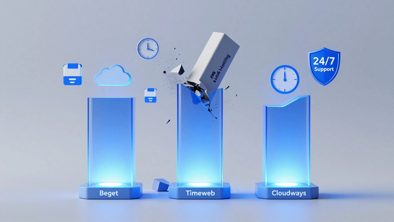 Три устойчивых светящихся столба с именами надежных хостинг-провайдеров, рядом разрушающийся столб с надписью 'Пожизненный хостинг'.