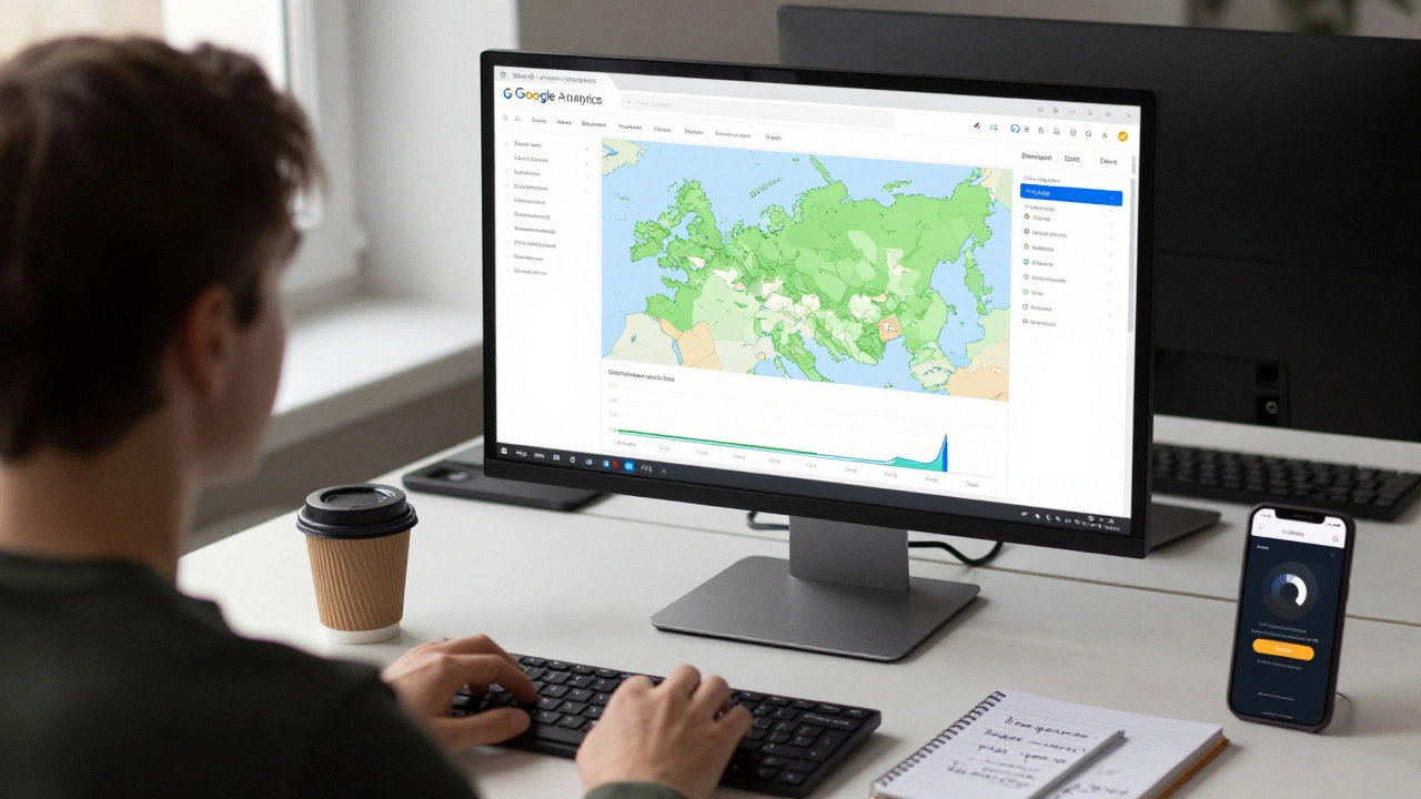 Человек смотрит на экран с отчетами Google Analytics, рядом — чашка кофе и записки о трафике по дням.