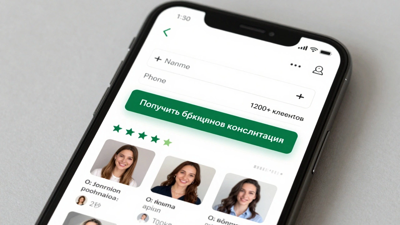 Чистый мобильный лендинг с формой имени и телефона, зелёной кнопкой и отзывами с фото клиентов.