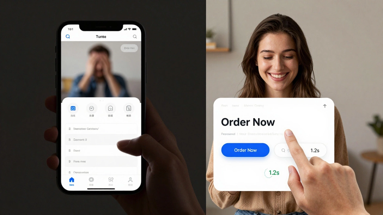 Contrast between a slow, confusing mobile website and a fast, simple one with large buttons and minimal form.